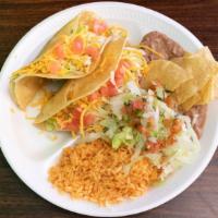 2 Chicken Hard Shell Tacos Plate · 2 hard shell chicken or shredded beef tacos. Plate includes rice, bean, lettuce, tomato and ...