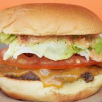 Hap'S Burger · crispy onions, sliced pickles, cheddar, HAP sauce, organic lettuce & tomato on a toasted bun