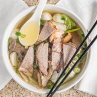 Chaozhou Noodle Soup · Mi trieu chau (Hoac hu tieu). Chaozhou noodle soup with shrimp, squid, fish balls, shredded ...
