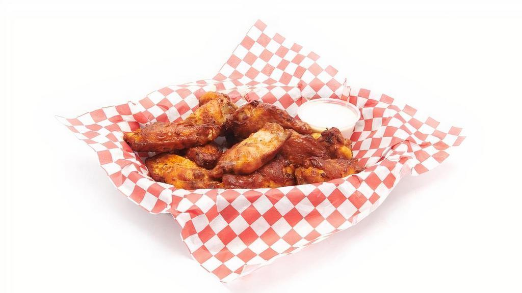 Buffalo Hot Wings · Bone in wings smothered in your choice of buffalo, blazing buffalo, BBQ or spicy BBQ sauce, served with ranch dressing.