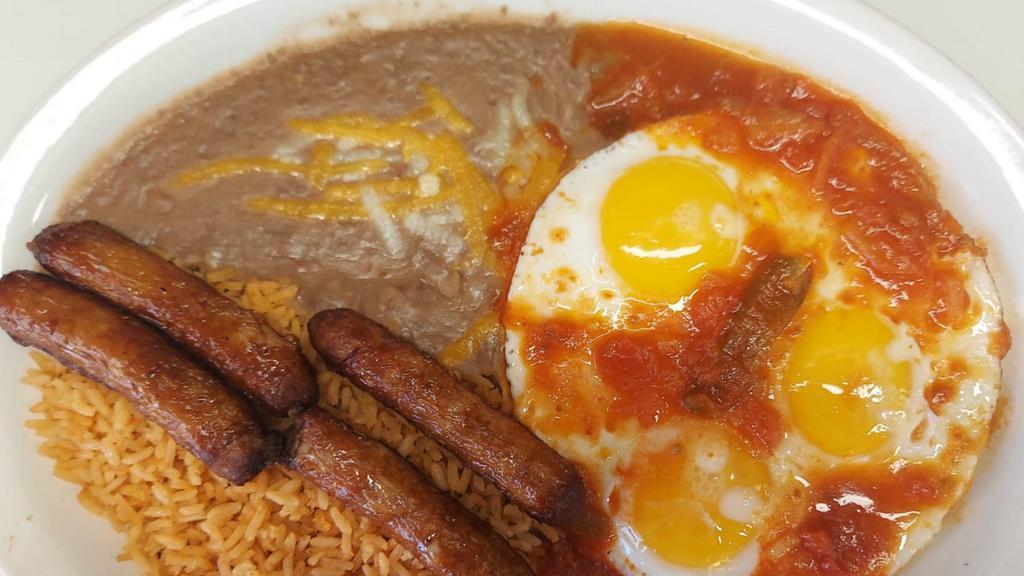 Huevos Rancheros · Comes with three eggs cooked how you want and topped with ranchero sauce, and your choice of meat, rice and beans on the side.