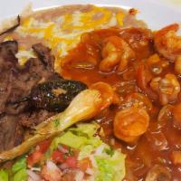 Steak With Shrimp · Comes with steak, shrimp, mushrooms, onions, jalapeño, and green onion, with rice and refrie...