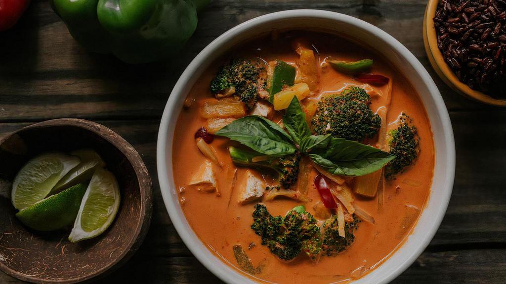 Red Curry · Red chili curry with bamboo shoots, basil, broccoli, pineapple, and bell peppers. (GF) (Rice optional)