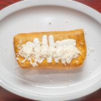 Chimichanga · Meat (soy) rice beans, cheese, sour cream fried.
