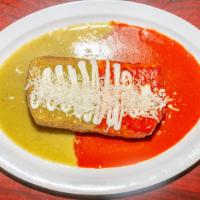 Wet Chimichanga · Meat (soy), rice beans cheese sour cream with red or green sauce fried.