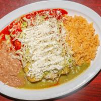 Enchiladas · Three corn tortillas, meat (soy), red, green or both sauce, lettuce, onions, cheese, sour cr...