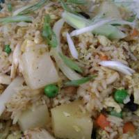 Hawaiian Pineapple Fried Rice · Stir fried with egg, pineapple, cashew nuts, onion, peas and carrot, raisin in yellow curry ...