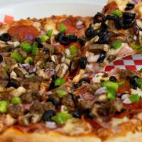 Party Pizza · Onions, Green Peppers, Pepperoni, Ham, Sausage, Mushrooms, Olives & Extra Cheese.