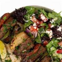 Beef Kabob Plate Combo · Chargrilled Cubes of Beef Served w/ Basmati Rice, Side Salad, Fresh Pita & Your Choice of Sa...