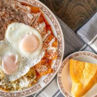 Chilaquiles · Deep fried tortillas, sautéed in homemade salsa Roja, Verde or Divorciado. Garnished with so...