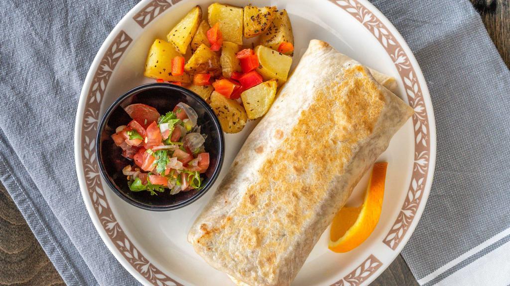 Asada Burrito · Carne Asada, pinto refried beans, rice and cheese blend. Served with Pico de Gallo and House Potatoes.