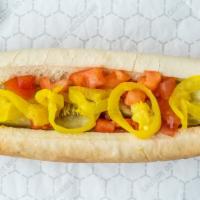 Chicago Dog · Pepperoncinis, pickle spear and tomatoes.