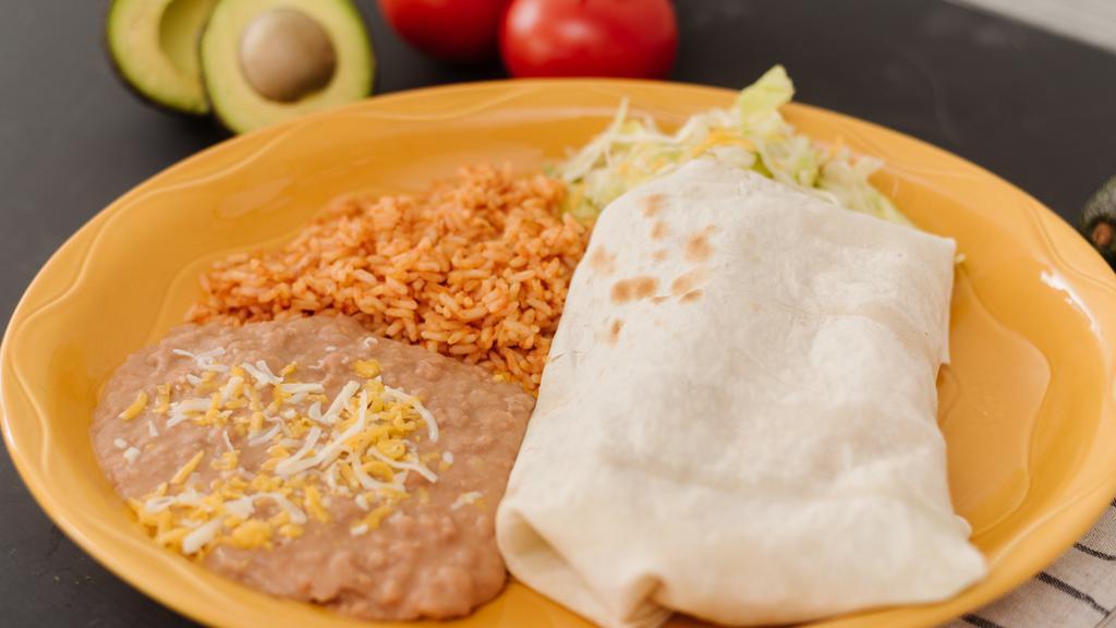 Veggie Burrito Grande · A huge burrito stuffed with beans, rice, lettuce, tomatoes, olives, cheese, sour cream, guacamole and hot sauce. Served with rice and your choice of refried or black beans.