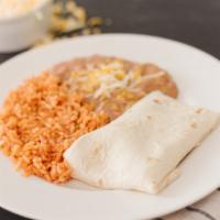 Kids Bean & Cheese Burrito · Served with a drink & your choice of fries, tater tots or rice and beans.