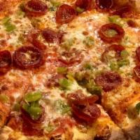 Gabriella · red sauce, spicy pepperoni, Hatch Green Chile, mozz