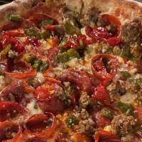 Za · red sauce, pepperoni, spicy Italian sausage,  South African peppadew peppers, Calibrian Chil...