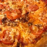 Dona · red sauce, pancetta, roma tomatos, shaved parm, mozz