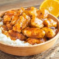 Orange Chicken Bowl · Delicious and saucy boneless chicken marinated with ginger, red chili flakes, orange zest an...