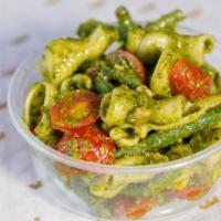 Pasta Salad · Pasta, green beans, cherry tomatoes in house-made basil pesto with pine nuts, mixed greens.
