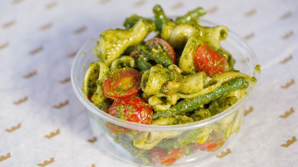 Pasta Salad · Pasta, green beans, cherry tomatoes in house-made basil pesto with pine nuts, mixed greens.
