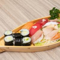 Sushi Sashimi Lunch · Served with salad or soup. 3pcs sushi, 6pcs sashimi and one cucumber roll.