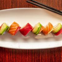 Rainbow Roll · California roll topped with assorted fish & avocado.