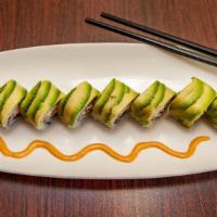 Caterpillar Roll · Eel cucumber inside; avocado, masago and sweet soy on top.