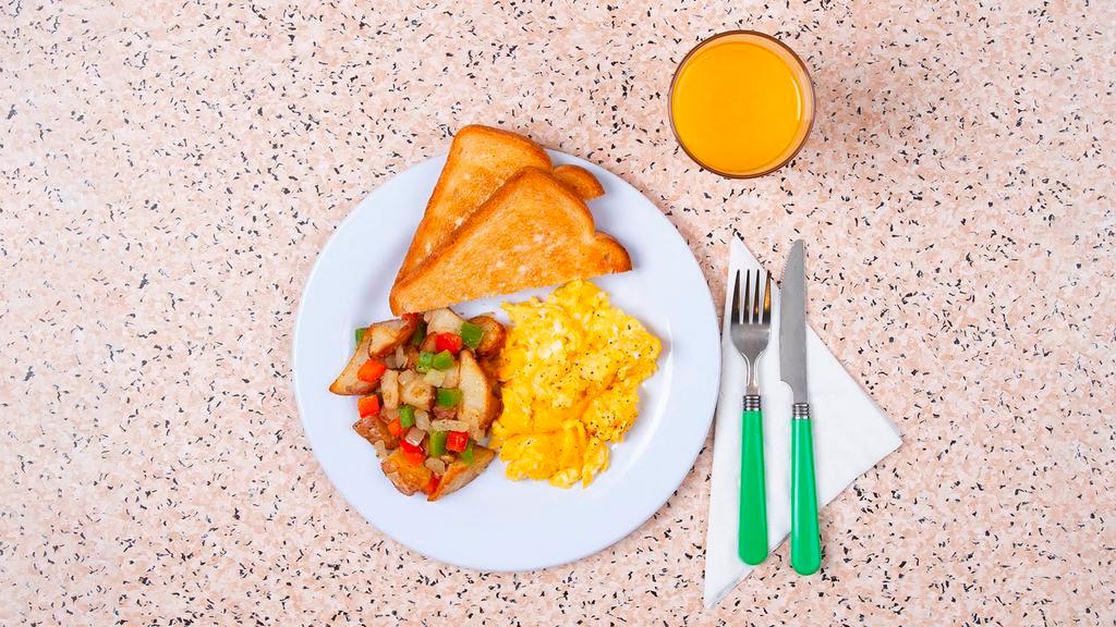 Two Egg Platter · Two scrambled eggs with two slices of buttered toast and your choice of breakfast potatoes.