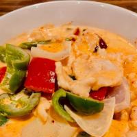 Thai Panang Curry With Chicken <Spicy> · Thai Panang Curry
-Red & Green Pepper, Potato, Sugar peas, Tomato, Onion, Jalapeño cooked wi...