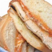 Big Parm · #LiveHappy - Garlic toasted hoagie, breaded chicken, provolone, parmesan cheese, spicy marin...