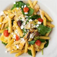 Chicken Mediterranean · A sautéed Colorado Red Bird Farms chicken breast tossed with penne pasta, kalamata olives, s...