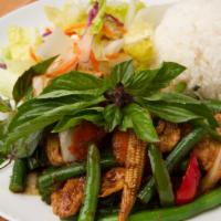 Phad Krapow · Bell peppers, onions, mushrooms, green beans, carrots, baby corn, and Thai basil stir-fried ...
