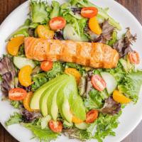 Grilled Salmon Salad · Grilled salmon, mixed green, avocado and cucumber with roasted sesame dressing