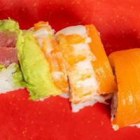Rainbow Roll · Raw. Crab salad, cucumber inside, tuna, salmon, shrimp and avocado on top.