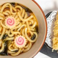 Udon · Thick noodle soup, two pieces tempura shrimp.
