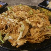 Yakisoba · Chicken or shrimp, cabbage, onion, and sesame seeds.