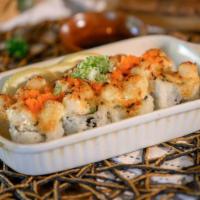 Baked Scallop Roll · California roll, topped with creamy scallops and masago baked.
