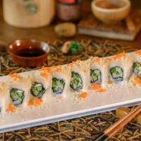 Volcano Roll · Avocado, cucumber, jalapeño, lemon, house sauce and sriracha topped with hotate, tenkatsu, e...