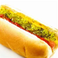 Red Hot Dog · A mid-west classic! 1/4 lb. all beef boar's head hot dog topped with green relish, diced tom...