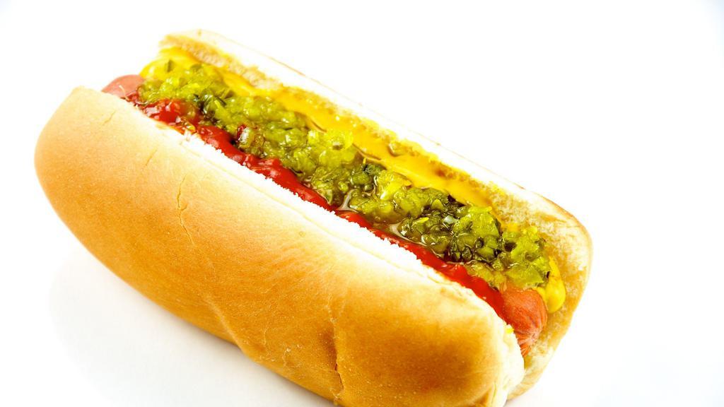 Red Hot Dog · A mid-west classic! 1/4 lb. all beef boar's head hot dog topped with green relish, diced tomato and red onion, sport peppers, yellow mustard, celery salt and a pickle spear.
 COMBO COMES WITH YOU CHOICE ,POTATO SALAD,CIPS,MAC SALAD