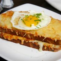 Croque Madame · Ham, Swiss and Bechamel on Country Bread topped with an Egg. Served with homemade pickled ve...