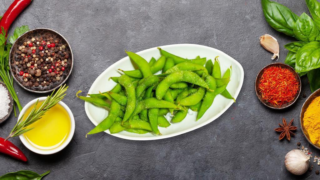 Edamame · Steamed young soybeans in their pods, sprinklered with pure Himalayan salt.