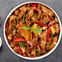 Drunken Noodle · Thai basil noodle. Pan-fried flat rice noodles, egg, bell peppers, broccoli, garlic, onions,...