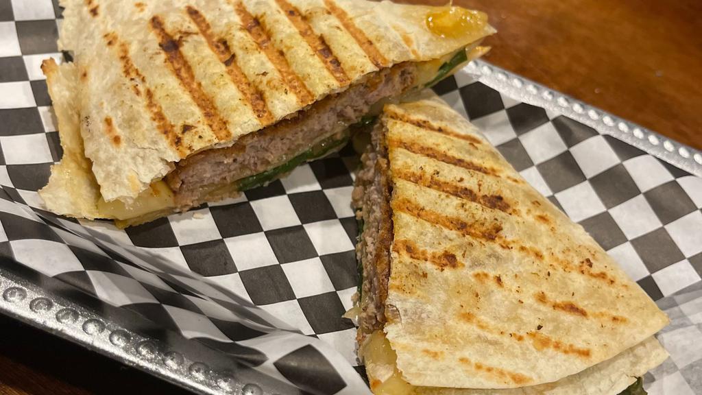 Turkey Quesadilla Burger · Juicy Turkey burger made like a quesadilla with our famous Hollywood Sauce