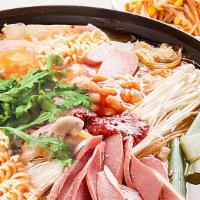 부대전골｜Budae Hot Pot · Spicy stew with assorted sausage, ham, cheese, veg, and ramen.