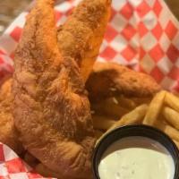 Chicken Strip Basket · 3 Breaded chicken strips, choice of ranch, bleu cheese, bbq, or buffalo dipping sauce served...
