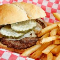 Sconnie Burger · Angus Beef patty, cheddar cheese, loads of butter, onions, pickles, your choice of fries or ...