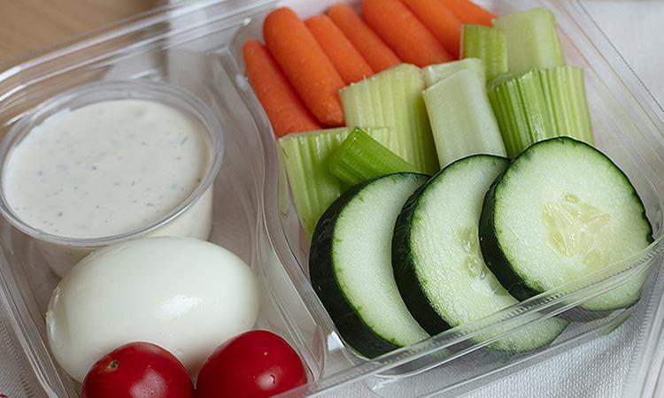 Veggies & Ranch · (vegetarian) Carrots, celery, cucumber, tomato, hard-boiled egg, and our roasted garlic ranch dip