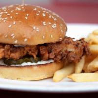 Fried Chicken Sandwich · Buttermilk fried chicken, ranch dip, and bread, and butter pickles on our sesame seed bun; s...