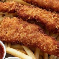 Chicken Strips · Crispy battered chicken served with fries, chipotle BBQ sauce, and garlic ranch dip
